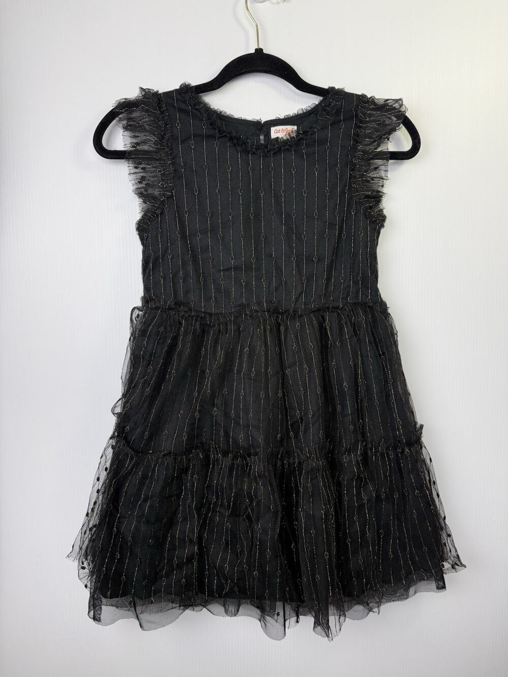 Cat & Jack Girls L 10/12 Black Gold Tulle Tiered Party Dress Halloween Holiday
